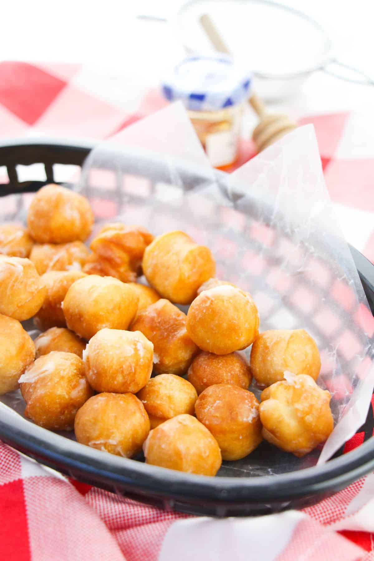 A basket of donut holes.