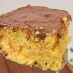 A slice of boston cream cake on a white plate.