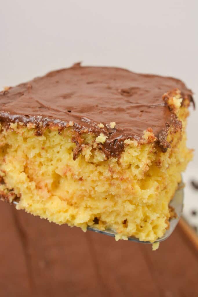 A slice of boston cream cake on a white plate.