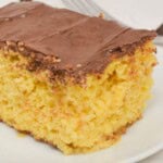 A close up of the boston cream cake square.