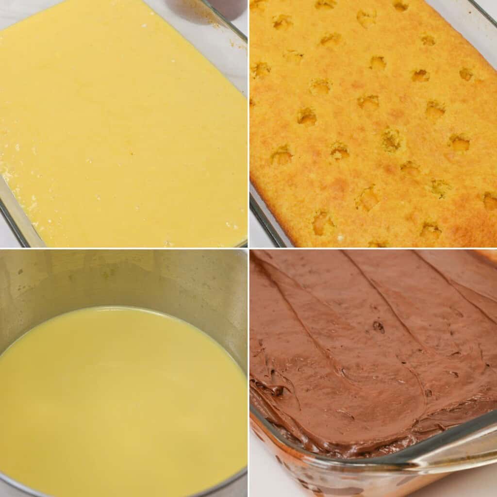 Four steps being made in a cake.