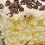 A square of cake with chocolate chips on top.