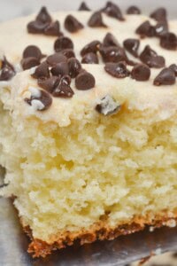 A square of cake with chocolate chips on top.