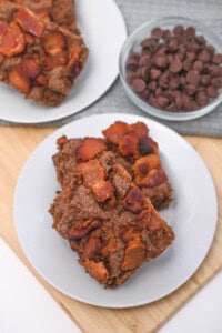 A plate of stacked bacon brownies.