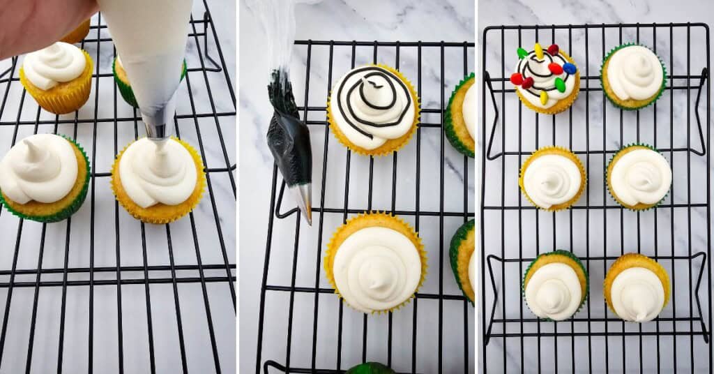 Frosting the cupcakes, decorating and adding the candies.