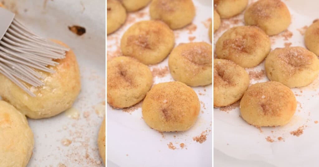 Finishing the biscuits ad topping with the cinnamon and sugar.