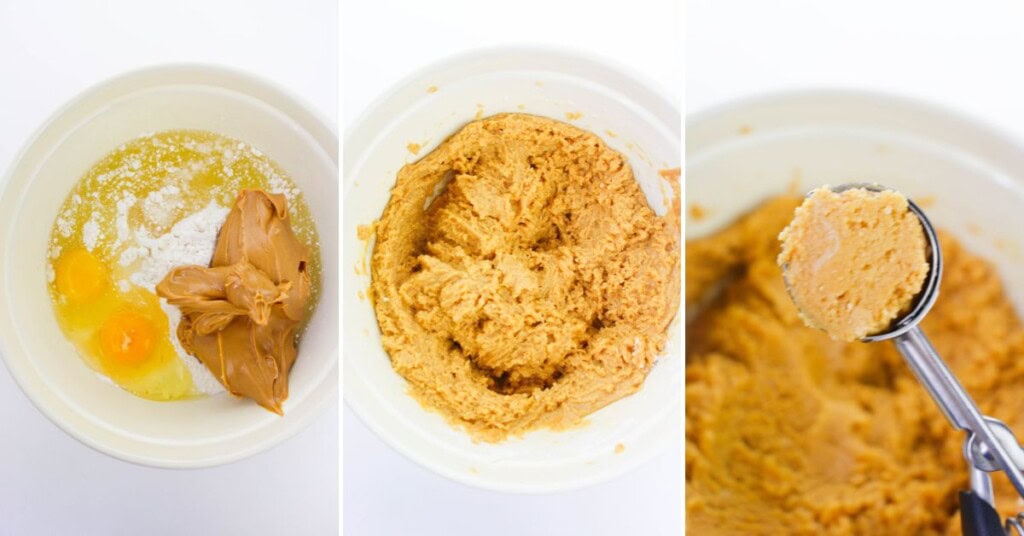 Mixing the batter and scooping the cookies.