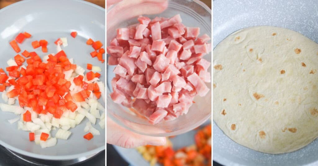 Mix the eggs and chop the vegetables for the flatbread wrap.