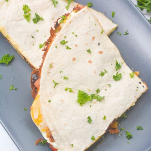 A gray tray of piadina slices on it.